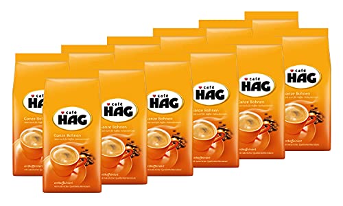 Jacobs Café HAG Klassisch Mild Café Crema, 12 x 500g entkoffeinierte Kaffeebohnen, ganze Bohne, ideal auch für Espresso, Cappuccino, Latte Macchiato aus dem Kaffee-Vollautomaten, 6000 g von Jacobs