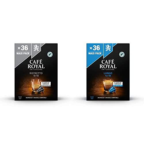 Café Royal Ristretto 36 Nespresso®* kompatible Kapseln aus Aluminium, Intensität 9/10 & 36 Lungo Nespresso®* kompatible Kapseln aus Aluminium - Intensität 4/10 - Großpackung 36 Kaffeekapseln von Café Royal