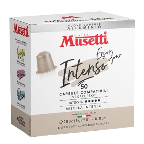 Caffè Musetti, 50 Aluminium Kaffeekapseln für Nespresso® Maschinen Intenso Mischung, Intensität 5/5 mit Noten von Kakao und Gebäck, Arabica und Robusta Qualität, Kräftiger und Cremiger Geschmack von Caffè Musetti