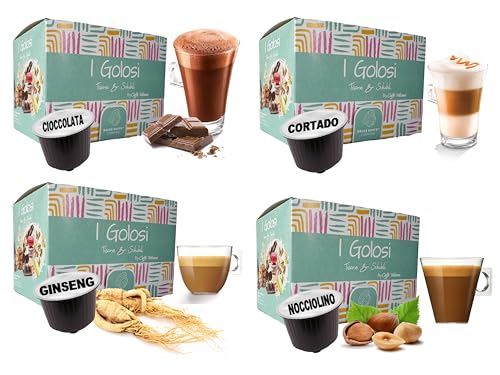 Caffè Vulcanus – Probierset 60 Kapseln mit den Geschmacksrichtungen: Kaffee Ginseng, Schokolade, Cortado, Nocciolino – Kompatibel mit Kaffeemaschinen der Marke Nescafè* Dolce Gusto* von Caffè Vulcanus