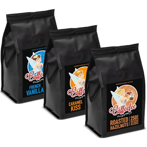 Vorteilspack 3 x 250 g Caffeefee, ganze Bohnen, French Vanilla, Caramel Kiss, Roasted Hazelnuts, aromatisierter Röstkaffee aus 100% Arabica, mild geröstet, veredelt mit feinem Aroma von Caffeefee