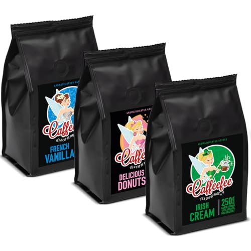 Vorteilspack 3 x 250 g Caffeefee, ganze Bohnen, French Vanilla, Delicious Donuts, Irish Cream, aromatisierter Röstkaffee aus 100% Arabica, mild geröstet, veredelt mit feinem Aroma von Caffeefee