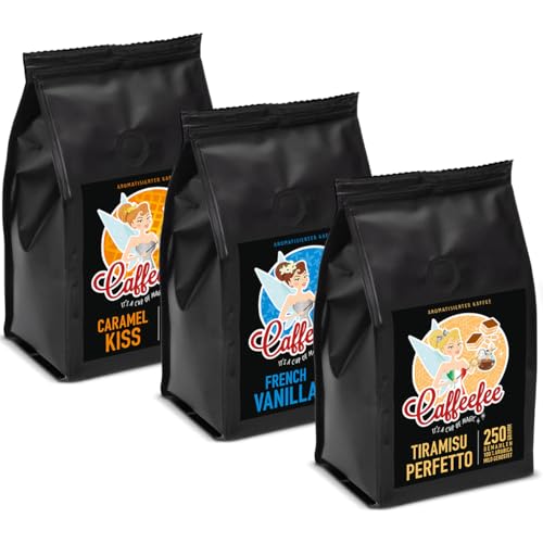 Vorteilspack 3 x 250 g Caffeefee gemahlen, Caramel Kiss, French Vanilla, Tiramisu Perfetto, aromatisierter Röstkaffee aus 100% Arabica, mild geröstet, veredelt mit feinem Aroma von Caffeefee