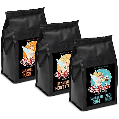 Vorteilspack 3 x 250 g Caffeefee gemahlen, Caramel Kiss, Tiramisu Perfetto, Carribean Rum, aromatisierter Röstkaffee aus 100% Arabica, mild geröstet, veredelt mit feinem Aroma von Caffeefee