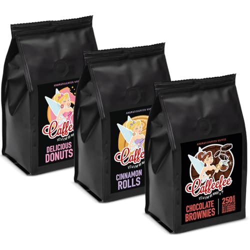 Vorteilspack 3 x 250 g Caffeefee gemahlen, Delicious Donuts, Cinnamon Rolls, Chocolate Brownies, aromatisierter Röstkaffee, mild geröstet, veredelt mit feinem Aroma von Caffeefee