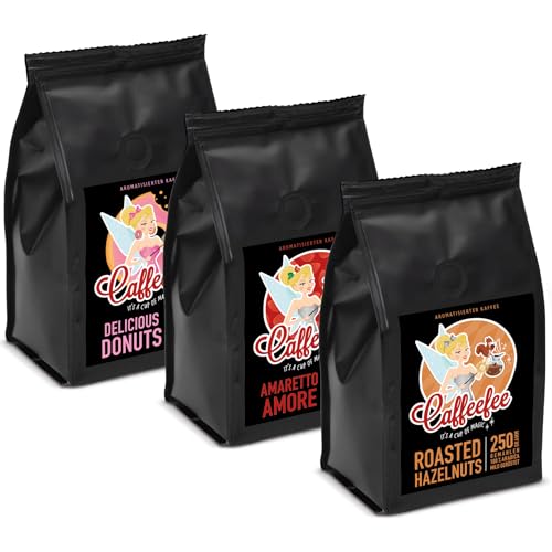 Vorteilspack 3 x 250 g Caffeefee gemahlen, Delicious Donuts, Roasted Hazelnuts, Amaretto Amore, aromatisierter Röstkaffee aus 100% Arabica, mild geröstet, veredelt mit feinem Aroma von Caffeefee