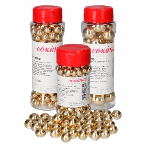 Cake Company – Crisppearl Set „Gold“ | 3er-Set in den Größen 15mm, 10mm & 5mm | goldene Schokoperlen mit Knusperkern | Streudekor Hochzeit, Torten, Muffins, Kuchen uvm. von Cake Company