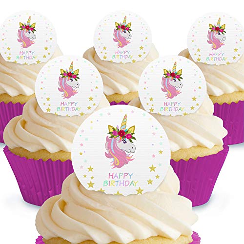 Cakeshop Essbare Kuchendekorationen mit Einhorn-Motiv "Happy Birthday", vorgeschnitten, Premium Qualität Cake Shop 12 x Pre-cut Premium Wafer Paper Toppers von Cakeshop