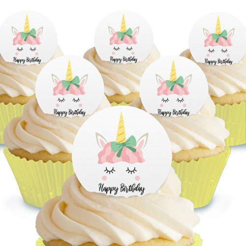 Cakeshop Essbare Kuchendekorationen mit Einhorn-Motiv "Happy Birthday", vorgeschnitten, Premium Qualität Cake Shop 12 x Pre-cut Premium Wafer Paper Toppers von Cakeshop