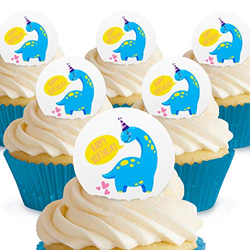 Cakeshop Happy Birthday Dinosaurier blau essbare Kuchendekorationen – vorgeschnittene Premium Qualität Cake Shop 12 x Pre-cut Premium Wafer Paper Toppers von Cakeshop