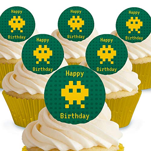 Cakeshop Happy Birthday Green Space Invader Essbare Kuchendekorationen – vorgeschnittene Premium Qualität Cake Shop 12 x Pre-cut Premium Wafer Paper Toppers von Cakeshop