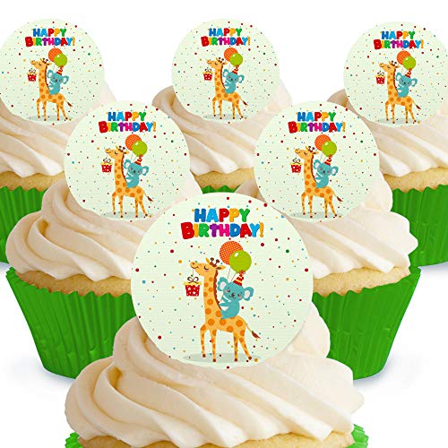 Cakeshop Happy Birthday Party Giraffe und Koala essbare Kuchendekorationen – vorgeschnittene Premium Qualität Cake Shop 12 x Pre-cut Premium Wafer Paper Toppers von Cakeshop