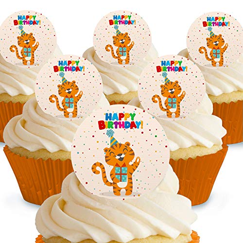 Cakeshop Kuchendekoration, Motiv "Happy Birthday", Tiger, essbar, vorgeschnitten, Premium-Qualität 12 x Pre-cut Premium Wafer Paper Toppers von Cakeshop