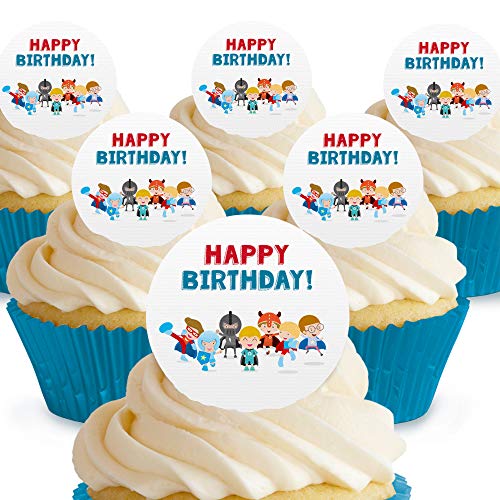 Cakeshop Kuchendekoration, Motiv Happy Birthday Boy Superhelden, essbar, vorgeschnittene Premium-Qualität 12 x Pre-cut Premium Wafer Paper Toppers von Cakeshop