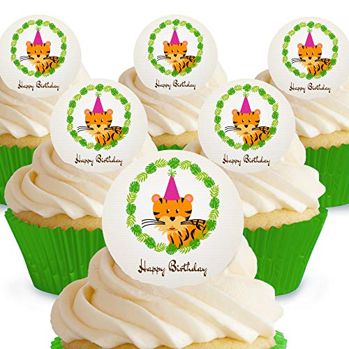 Cakeshop Kuchendekoration, Motiv: Happy Birthday Tiger, essbar, vorgeschnitten, Premium-Qualität 12 x Pre-cut Premium Wafer Paper Toppers von Cakeshop