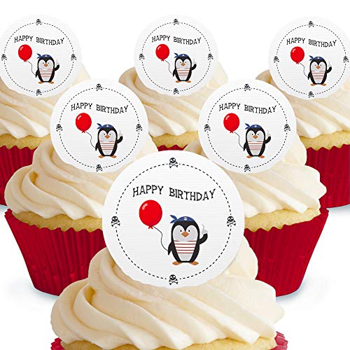 Cakeshop Kuchendekoration, Motiv: Piraten-Pinguin, essbar, vorgeschnitten, Premium-Qualität 12 x Pre-cut Premium Wafer Paper Toppers von Cakeshop