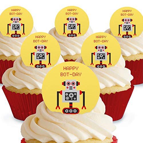 Cakeshop Kuchendekoration, Motiv: Roboter Happy Bot Day, essbar, vorgeschnitten, Premium-Qualität 12 x Pre-cut Premium Wafer Paper Toppers von Cakeshop