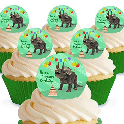 Cakeshop Kuchendekoration, essbar, Motiv: „Have a Roarsome Birthday Dinosaurier Triceratops“, vorgeschnitten, Premium-Qualität 12 x Pre-cut Premium Wafer Paper Toppers von Cakeshop