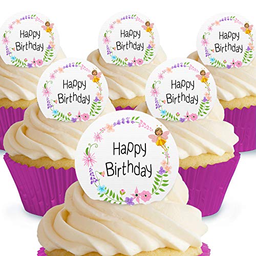 Cakeshop Kuchendekorationen Happy Birthday Fee Blumen Essbar Kuchendekorationen – vorgeschnittene Premium Qualität Cake Shop 12 x Pre-cut Premium Wafer Paper Toppers von Cakeshop