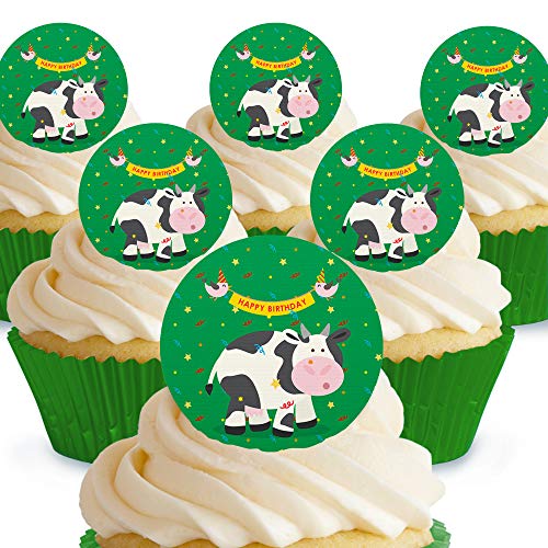 Cakeshop Kuchendekorationen Happy Birthday Party Kuh, essbar, vorgeschnitten, Premium-Qualität Cake Shop 12 x Pre-cut Premium Wafer Paper Toppers von Cakeshop