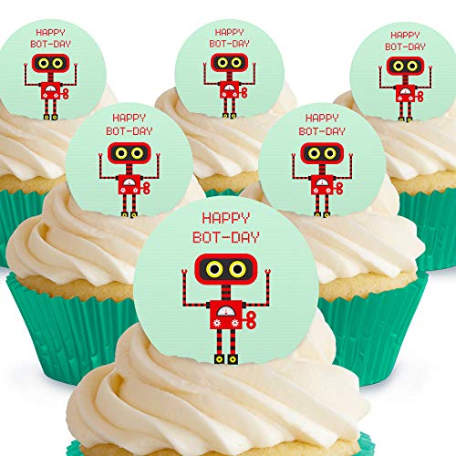 Cakeshop Roter und schwarzer Roboter Happy Bot Day essbare Kuchendekorationen – vorgeschnittene Premium-Qualität Cake Shop 12 x Pre-cut Premium Wafer Paper Toppers von Cakeshop