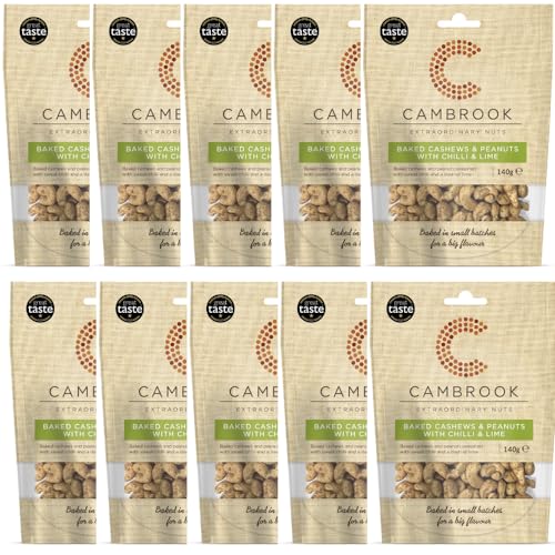 Cambrook - Gebackene Cashewnüsse und Erdnüsse mit Chili und Limette, 140-g-Beutel, 10er-Packung von Cambrook