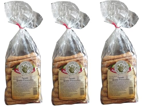 3 Packungen Taralli Pugliesi Geschmack Extra natives Olivenöl Handgefertigtes Qualitäts-Backprodukt Handgemachte Wärmer mit einzigartigem Geschmack Ideal für Aperitifs Snacks (Fenchelsamen) von campagne del sud