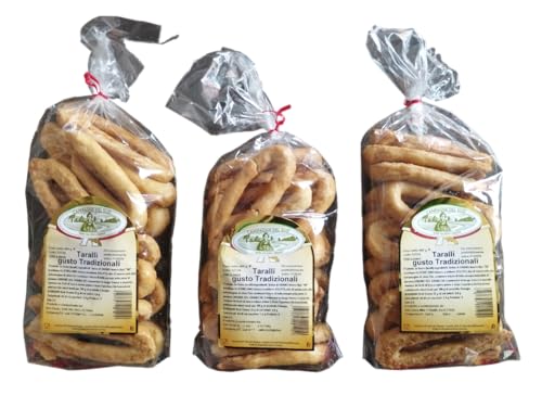 3 Packungen Taralli Pugliesi Geschmack Extra natives Olivenöl Handgefertigtes Qualitäts-Backprodukt Handgemachte Wärmer mit einzigartigem Geschmack Ideal für Aperitifs Snacks (Traditionell) von campagne del sud