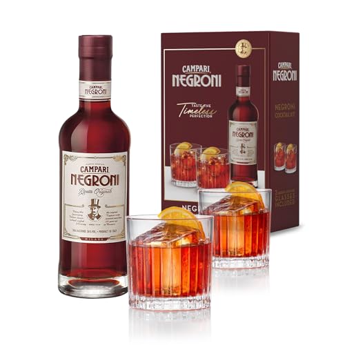 Campari Negroni Geschenkset – 1x 0,5 l Campari Negroni im Set mit 2 Gläsern – italienischer, servierfertiger Pre-Dinner Cocktail aus dem Hause Campari von Campari