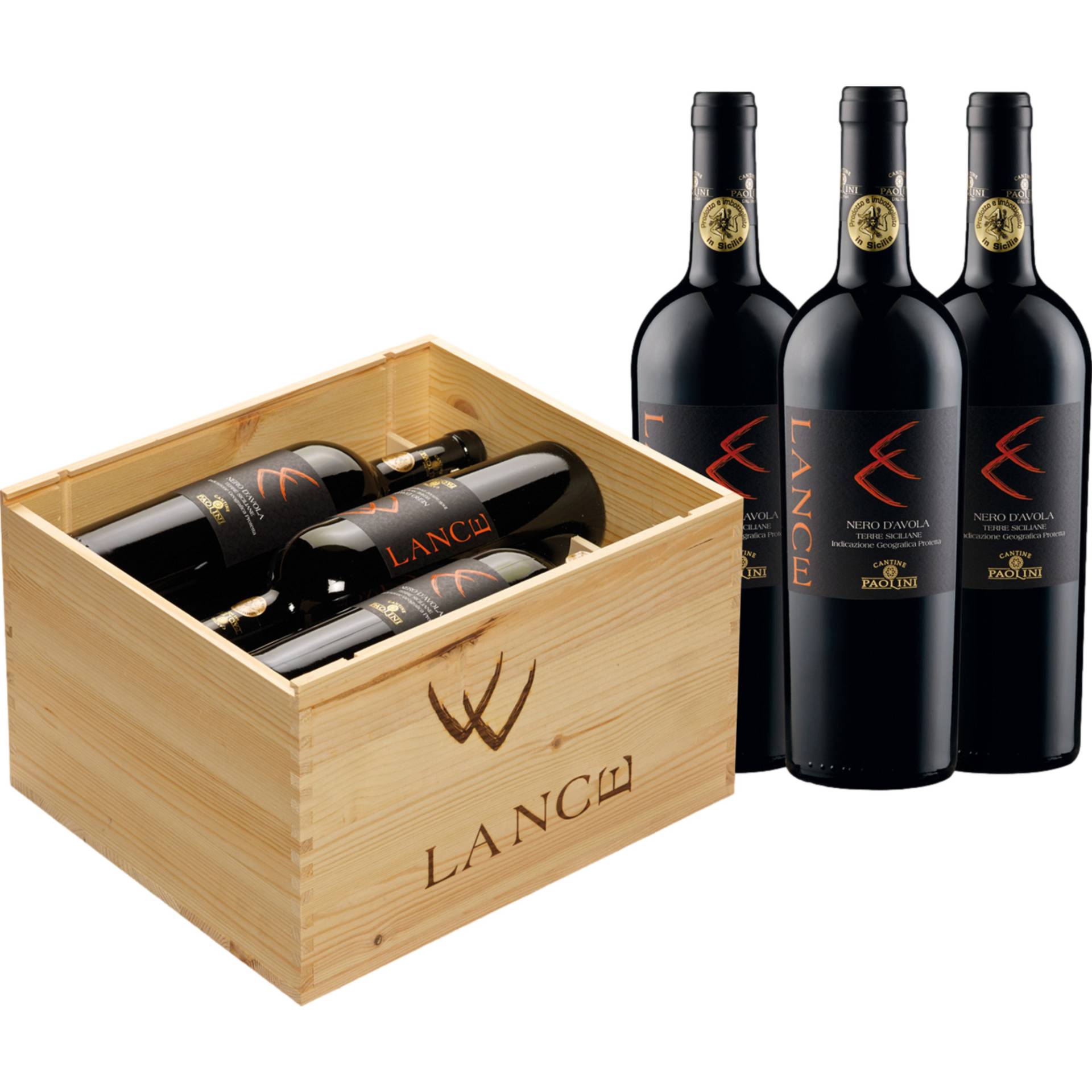 Cantine Paolini Lance Nero D'Avola, Terre Siciliane IGP, 6 Flaschen in Holzkiste, Sizilien, 2022, Rotwein von Cantina Paolini srl ,   IT 91025 Marsala (TP)