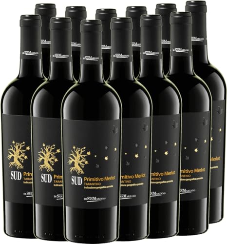 SUD Primitivo Merlot Tarantino IGP Cantine San Marzano Rotwein 12 x 0,75l VINELLO - 12 x Weinpaket inkl. kostenlosem VINELLO.weinausgießer von Cantine San Marzano