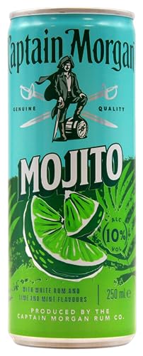 Captain Morgan White Rum Mojito, Erfrischendes Mixgetränk mit 10 Prozent Alkohol, 12 Dosen x 250 ml (EINWEG Verpackung), Weißer Rum mit Limetten- und Minzgeschmack für unterwegs von Captain Morgan