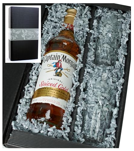 Geschenkkarton von meinglas24 mit Captain Morgan spiced Gold Rum 35% 0,7l und 2 original Captain Morgan Longdrink Gläser von Captain Morgan