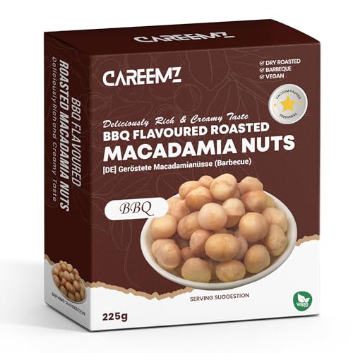 CAREEMZ geröstete Macadamianüsse, vakuumversiegelt für Frische, feinster Gourmet-Snack (225g, Barbecue-Geschmack) von Careemz