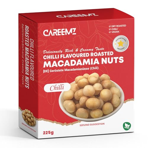 CAREEMZ geröstete Macadamianüsse, vakuumversiegelt für Frische, feinster Gourmet-Snack (225g, Chili-Geschmack) von Careemz