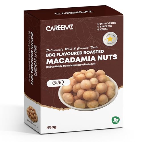 CAREEMZ geröstete Macadamianüsse, vakuumversiegelt für Frische, feinster Gourmet-Snack (450g, Barbecue-Geschmack) von Careemz