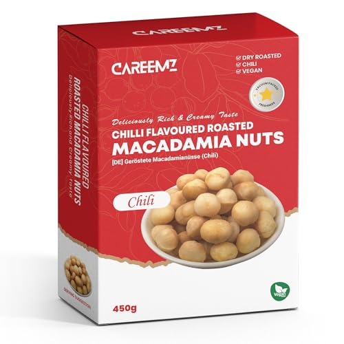 CAREEMZ geröstete Macadamianüsse, vakuumversiegelt für Frische, feinster Gourmet-Snack (450g, Chili-Geschmack) von Careemz