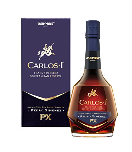 Carlos I Brandy de Jerez Pedro Ximénez – Solera Gran Reserva aus Spanien in hochwertiger Geschenkpackung gereift in 100-jährigen Solera-Fässern von PX Viejo mit 40,3% vol. (1 x 0,7l) von Carlos I