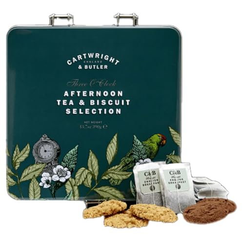 Cartwright & Butler® | Tee und Kekse | Gesalzenes Karamell-Mürbegebäck und Schokoladenkekse (300 g) + englischer Frühstücks-Schwarztee (90 g) | Geschenkbox aus Metalldose für die Küche von Cartwright & Butler