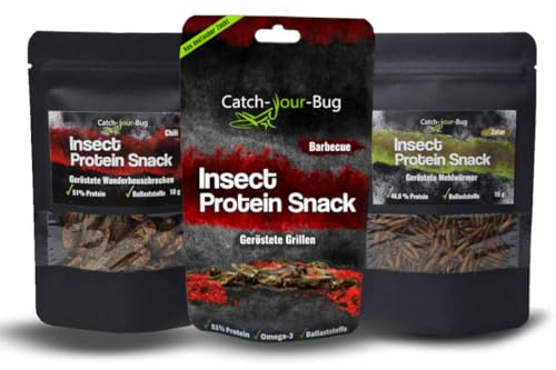 Insekten zum Essen 3er-Pack verzehrfertig von Catch-Your-Bug, essbare Heuschrecken Chili, Mehlwürmer Zatar & Grillen BBQ, essbare Insekten für Menschen 40g, High Protein Snack mit über 40% Protein von Catch-Your-Bug