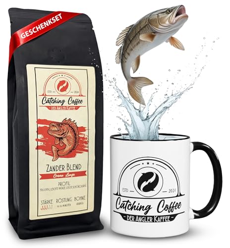 Catching Coffee - Angler Kaffee Geschenkset mit Tasse - 250g Crema Lungo ganze Bohnen brasilianischer Kaffee, in Deutschland geröstet, gut verträglich, für Siebträgermaschine und Vollautomat von Catching Coffee