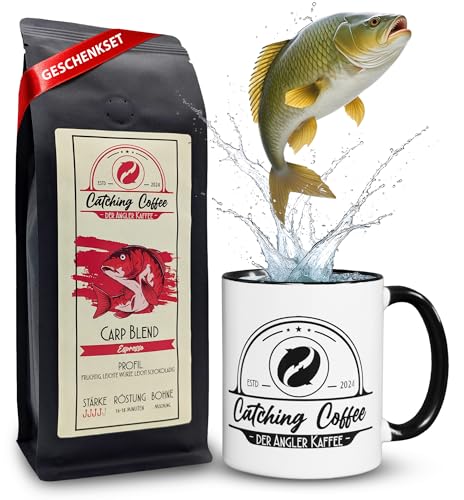 Catching Coffee - Angler Kaffee Geschenkset mit Tasse - 250g Espresso ganze Bohnen kolumbianisch-indischer Kaffee, in Deutschland geröstet, gut verträglich, für Siebträgermaschinen und Espressokannen von Catching Coffee