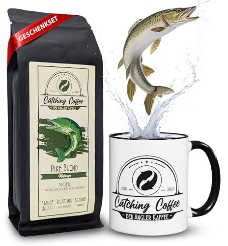 Catching Coffee - Angler Kaffee Geschenkset mit Tasse - 250g Melange ganze Bohnen peruanischer Kaffee, in Deutschland geröstet, gut verträglich, ausgewogene Bohnen für Vollautomaten und Filterkaffee von Catching Coffee