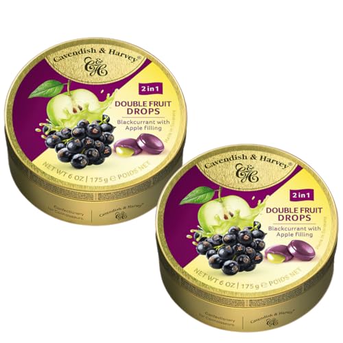 Cavendish & Harvey Doublefruit Drops Blackcurrant With Apple Filling Gefüllte Fruchtbonbons Mit Schwarze Johanissbeere Und Apfel Vorteilspackung 2 x 175 g von Cavendish and Harvey