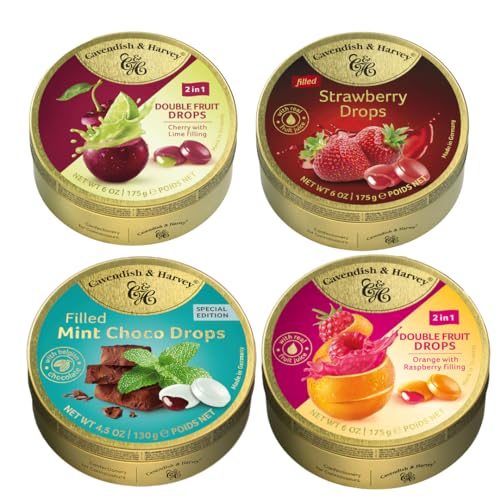 Cavendish & Harvey Mint Choco Drops 130g | Strawberry Drops 175 g | Doublefruit Drops Orange With Raspberry 175g | Double Fruit Drops Cherry With Lime Filling 175 g Bonbons Vorteilspackung von Cavendish and Harvey