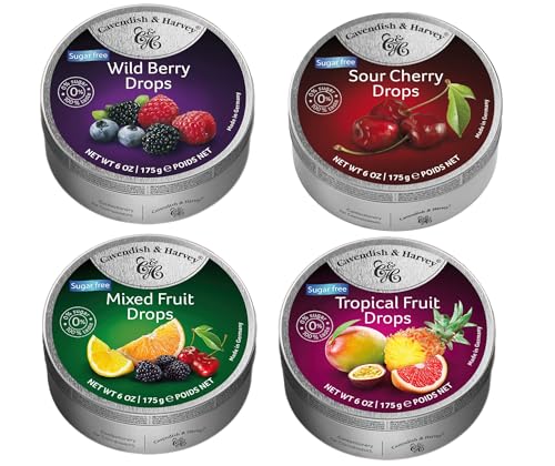 Cavendish & Harvey Sugar Free Wild Berry Drops | Sour Cherry Drops | Mixed Fruit Drops | Tropical Fruit Drops Fruchtbonbons Ohne Zucker Vorteilspack Im Set 4 x 175g von Cavendish and Harvey