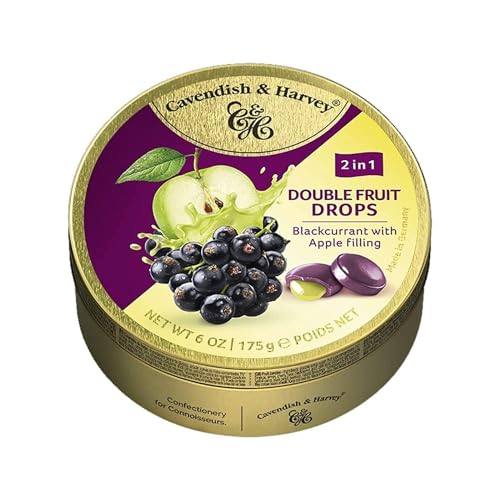 Cavendish & Harvey Double Fruit Drops Blackcurrant with Apple Filling: Johannisbeer-Bonbons mit flüssiger Apfelfüllung ( 1 x 175g ) von Cavendish & Harvey