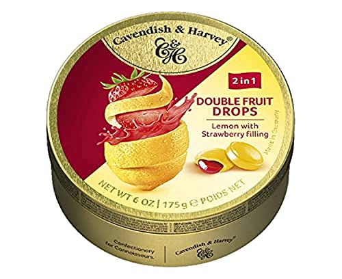 Cavendish & Harvey Double Fruit Drops Lemon with Strawberry Filling: Zitronen-Bonbons mit flüssiger Erdbeerfüllung ( 1 x 175g ) von Cavendish & Harvey