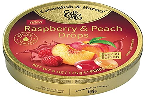 Cavendish & Harvey Drops Himbeere und Pfirsich Bonbons Raspberry & Peach Drops 175g in Metalldose von Cavendish & Harvey