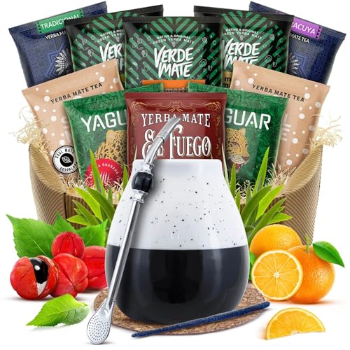 Mate Tee Geschenkset | Proben von Mate Tee und Zubehör | Yerba Mate Yaguar, Verde Mate, Soul Mate, Guarani, El Fuego | Kalebasse, Bombilla für Mate Tee | 10x50g | Natürliches Koffein | 500g | 0,5kg von Cebador